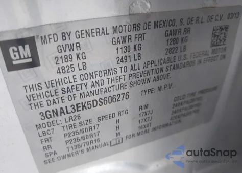 2013 Chevrolet Captiva Sport Lt z USA, uszkodzony, nr VIN 3GNAL3EK5DS606276